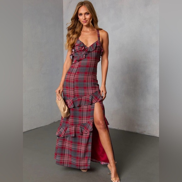 Vici Dresses & Skirts - VICI  Reygan Ruffle Plaid Maxi Dress Red Plaid Ruffle Maxi Dress w/ Slit Size M